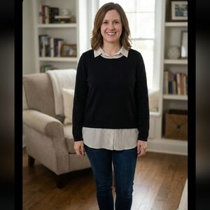 Adrianna Papell Black Sweater with Cream Polkadot Collared Faux Blouse Size XL